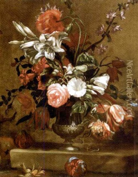 Peonies, Campanulae, Madonna Lilies And Other Flowers In An Urn On A Stone Ledge Oil Painting - Nicolas Baudesson