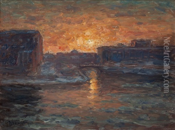 Sunset Over Norrbro, Stockholm Oil Painting - Per Ekstroem