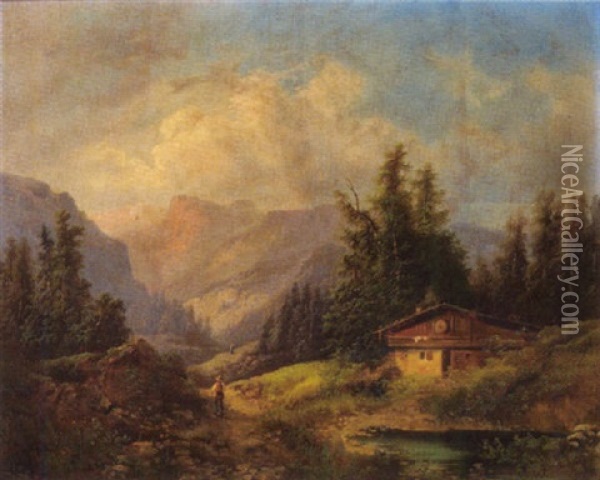 Gebirgslandschaft Mit Figurlicher Staffage Oil Painting - Gustav Barbarini