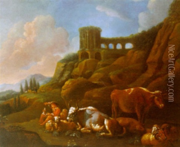 Italiensk Landskab Med Hyrde, Koer, Far Og Hund Oil Painting - Johann Heinrich Roos