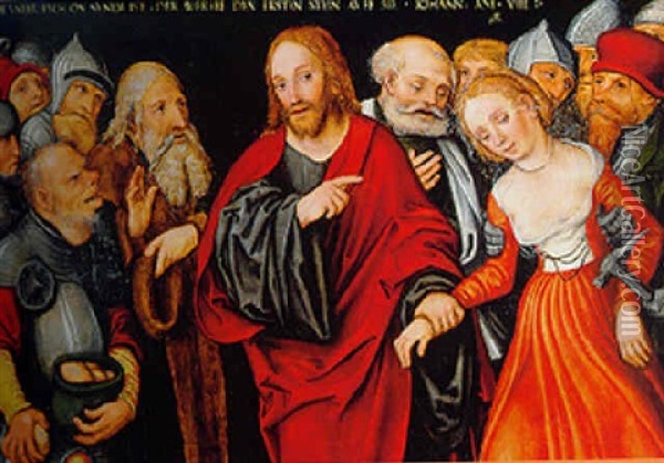 Christ And The Woman Taken In Adultery Oil Painting - Lucas Cranach the Younger