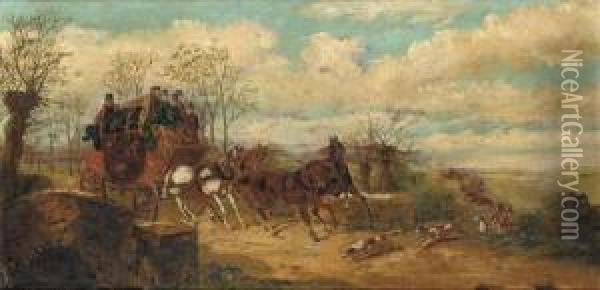 A Stagecoach And A Hunting Party At A Junction In The Road Oil Painting - Charles Cooper Henderson