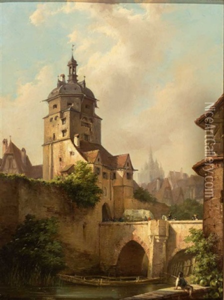 Stadttor Mit Steinerner Bogenbrucke In Einer Mittelalterlichen Stadt Oil Painting - Ferdinand Petzl