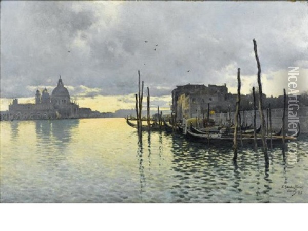 Evening, Looking Towards The Grand Canal With Santa Maria Della Salute In The Distance Oil Painting - Emilio Sanchez-Perrier