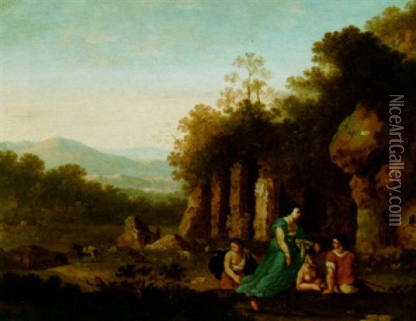 An Arcadian Landscape With A Shepherd And Nymphs Near Rocks Oil Painting - Cornelis Van Poelenburgh