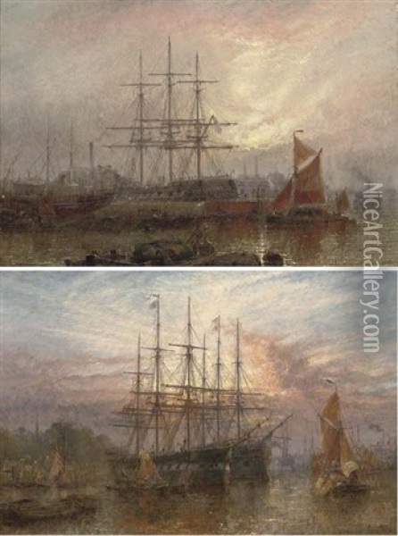 Repairing Dock, East Greenwich (+ Lying At Anchor At Dusk, East Greenwich, 1980; Pair) Oil Painting - Claude T. Stanfield Moore