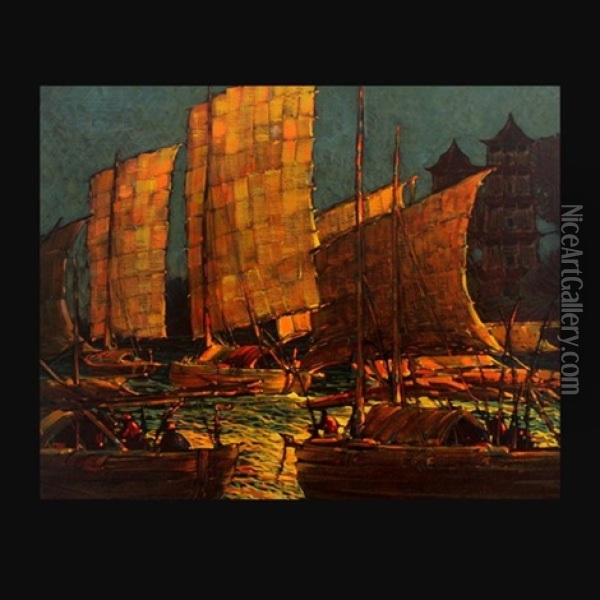 Gold Saild At Sunrise, Canton Harbor Oil Painting - Raymond Nott