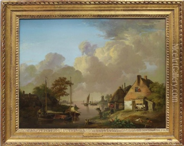 Dorf An Einem Kanallauf Mit Booten Oil Painting - Jan van Os
