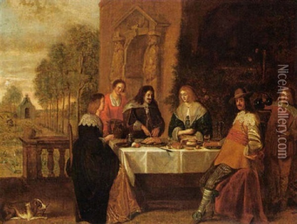 An Elegant Company Feasting On The Terrace Of A Country House Oil Painting - Christoffel Jacobsz. Van Der Lamen