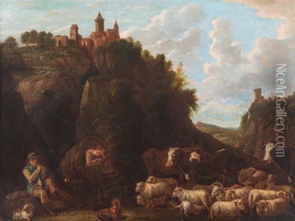 Hirtin Mit Rindern Und Schafherden In Mit Burgen Gekronter Felsenlandschaft Oil Painting - Johann Heinrich Roos
