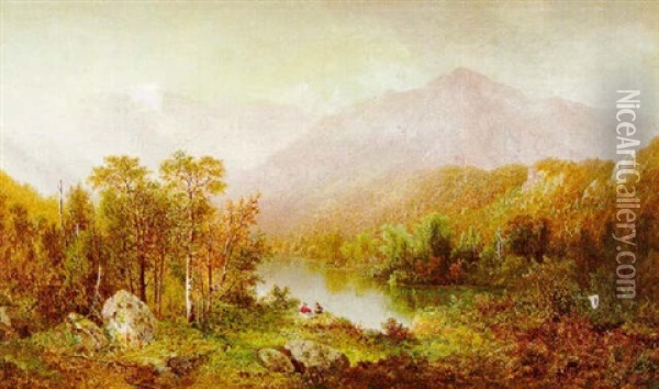 Two Figures Gazing Out On A Wooded Landscape And Distant Mountains Oil Painting - Fredrick A. Butman