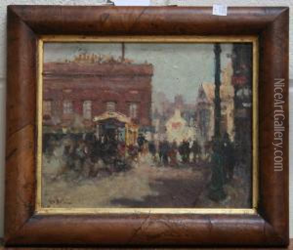 View Of A Busy Street With Figures Near A Gypsy Caravan Oil Painting - John Clayton Adams