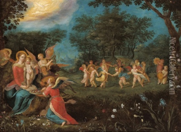 Maria Mit Dem Kind Und Musizierenden Engeln Sowie Einem Engel Oil Painting - Abraham Govaerts