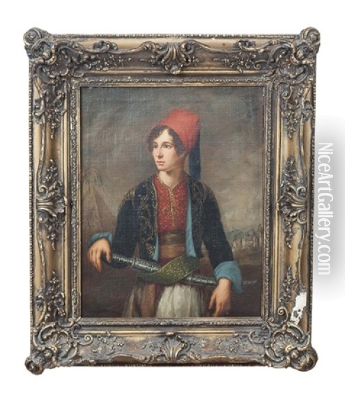 Three Quarter Length Portrait Of A Young Man, Possibly William King, In Hellenic Costume Oil Painting - Jose Gutierrez de la Vega