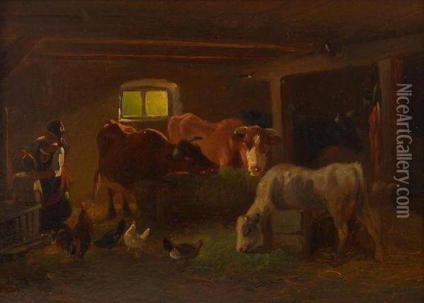Vieh Im Stall Oil Painting - Friedrich Johann Voltz