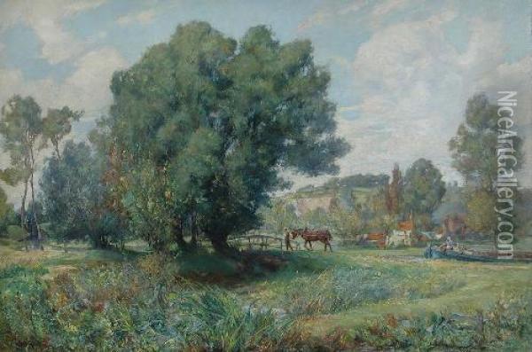 Aheavy Horse Pulling A Narrow Boat Along A Canal Oil Painting - Victor John Robertson