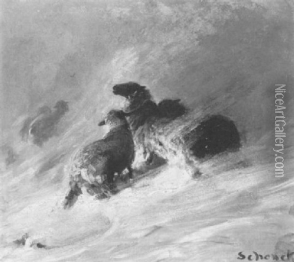 Sheep In A Blizzard Oil Painting - August Friedrich Albrecht Schenck