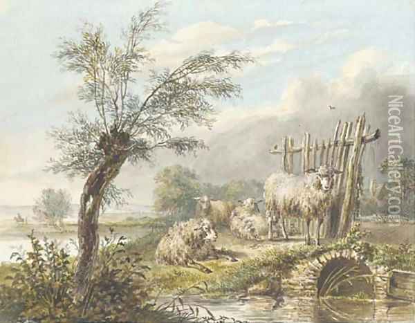 Four sheep by a stream in an extensive landscape Oil Painting - Dutch School