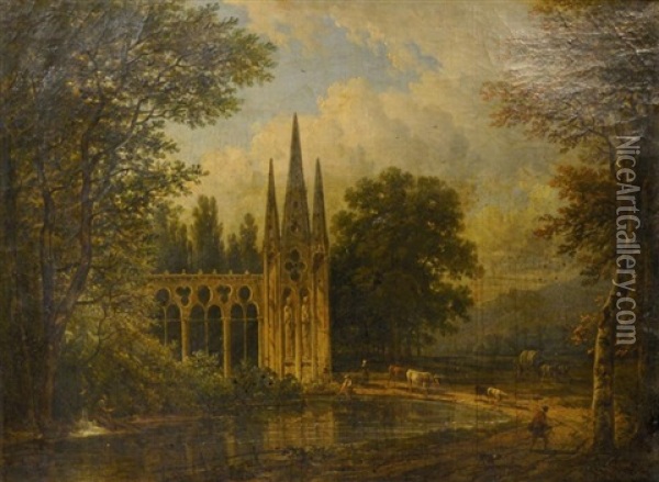 Vue D'une Abbaye En Ruine Oil Painting - Victor de Grailly