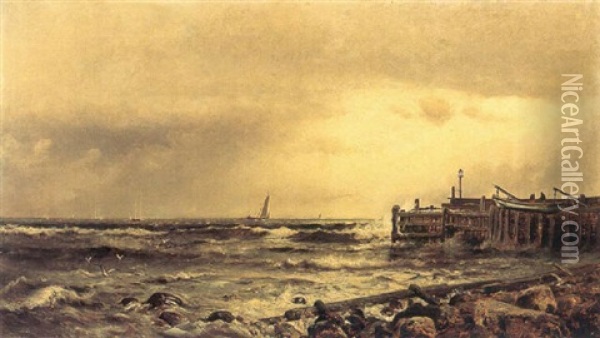 Pier Near The Beach At Narragansett, Rhode Island Oil Painting - Arthur Quartley