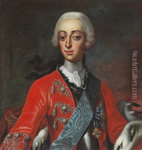 Portrait Of King Frederik V (1723-1766) In Red Jacket Oil Painting - Andreas Moller