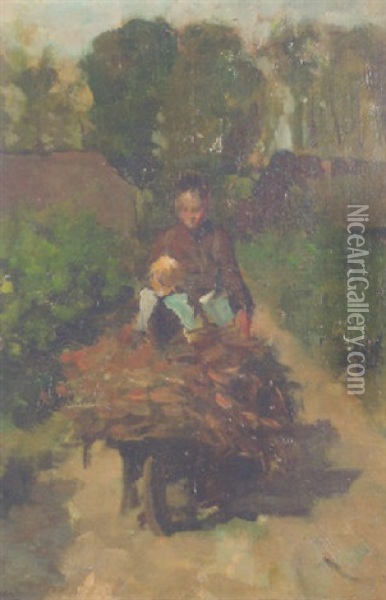 A Ride On Father's Wheelbarrow Oil Painting - Jacob Simon Hendrik Kever