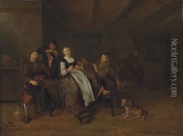 A Merry Group Of Figures Sitting In A Barn With A Dog, Others Gathering Around A Fireplace Oil Painting - Jan Miense Molenaer