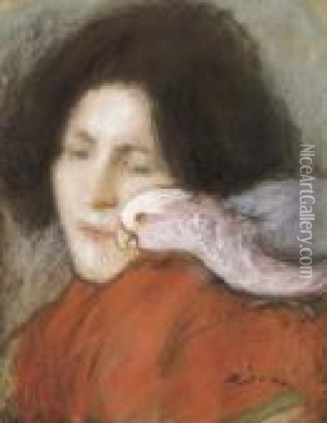 Larazine With Parrot Oil Painting - Jozsef Rippl-Ronai