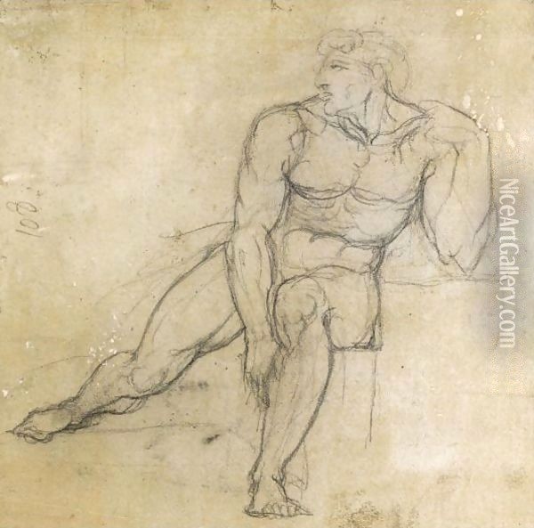 Study Of A Male Nude, Seated Oil Painting - Johann Henry Fuseli