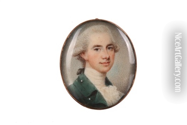 Portrait Miniature Of A Gentleman In A Green Coat And Jabot Oil Painting - John Smart