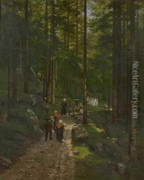 Personnages Sur Un Chemin En Foret Oil Painting - Marie-Victor-Emile Isenbart