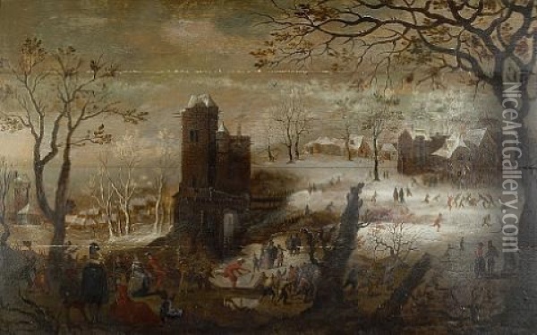 A Winter Scene With Skaters On A Frozen Canal Oil Painting - Pieter Stevens