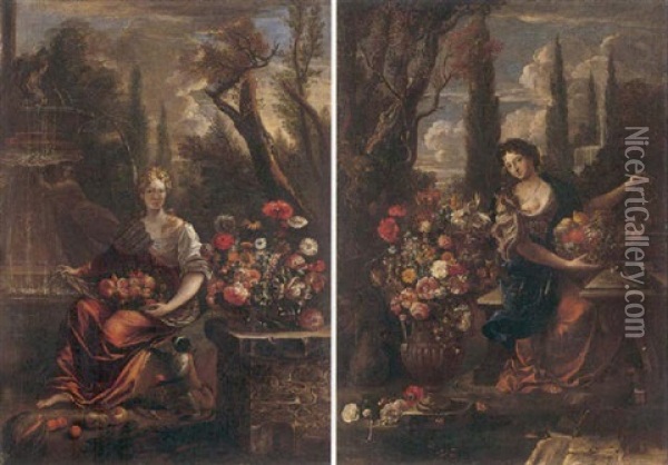Female Figure Bearing Fruit Seated Beside Bouquets Of Flowers In Ornamental Gardens Oil Painting - Ernest Philipp Thomann von Hagelstein