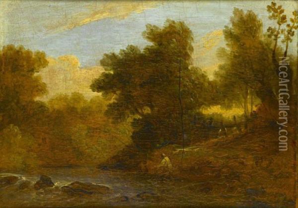 A Wooded River Landscape With An Angler In A Stream Oil Painting - James Arthur O'Connor