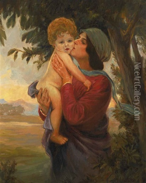 Mutter Mit Kind In Abendlicher Landschaft Oil Painting - Carl Froeschl