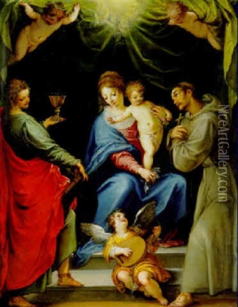 The Virgin And Child With Saints John The Evangelist And Francis Of Assisi And Angels Oil Painting - Hans Rottenhammer the Elder