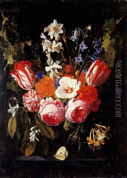 A swag of tulips, peonies, carnations, narcissi and other flowers with a butterfly in a stone niche Oil Painting - Nicolaes van Veerendael