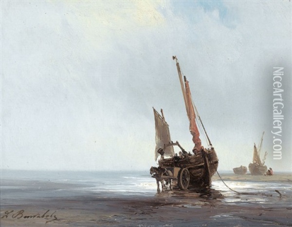 Strand Bei Ebbe Mit Booten Oil Painting - Louis Bentabole