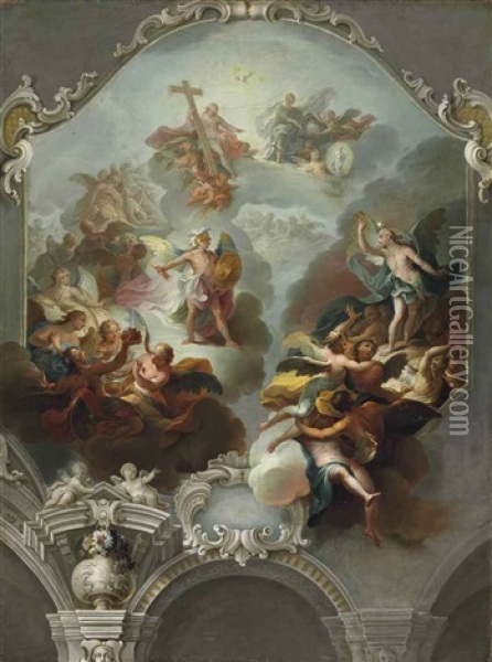 Modello For A Ceiling Painting: Lucifer And The Rebel Angels Cast Out Of Heaven Oil Painting - Josef Adam Ritter von Moelk