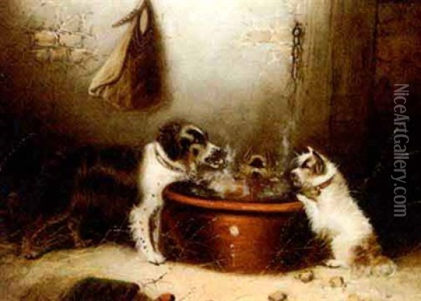 A Spaniel And Terriers At A Bowl Oil Painting - Edward Armfield