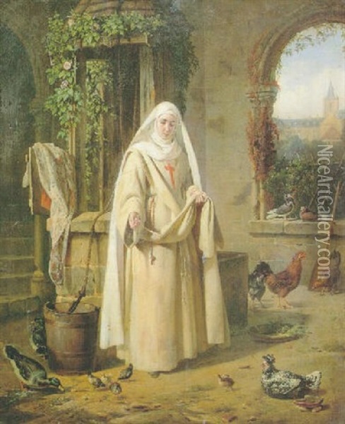 Jeune Religieuse S'occupant Du Poulailler Du Couvent Oil Painting - Pierre Duval-Lecamus