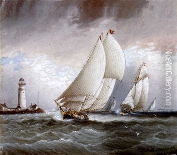 Yacht Race Near Lighthouse Oil Painting - James Edward Buttersworth
