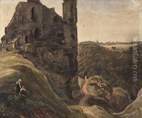 Figures Beside A Ruined Castle Oil Painting - Joseph Nash