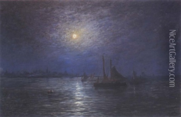 Fischerboote In Einer Mondnacht Vor Einer Stadtsilhouette Oil Painting - Richard Fehdmer