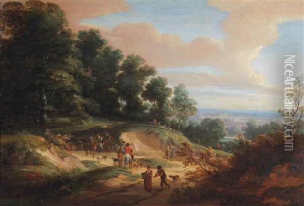 A Wooded Hillside With Travellers Passing A Hunting Party Oil Painting - Jacques d' Arthois