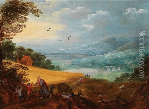 An Extensive River Landscape With The Judgement At Bethel (2 Kings 2: 23-25) Oil Painting - Joos de Momper the Younger
