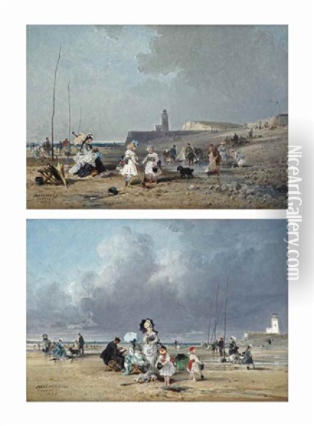 Children Playing On The Beach, Treport; And Families Enjoying A Day At The Beach, Treport (pair) Oil Painting - Jules Achille Noel