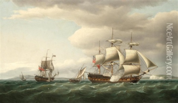 The East Indiaman Rodney In Two Positions Off The English Coast And Firing A Salute To Mark Her Safe Return From Bengal In August 1788 Oil Painting - Thomas Whitcombe