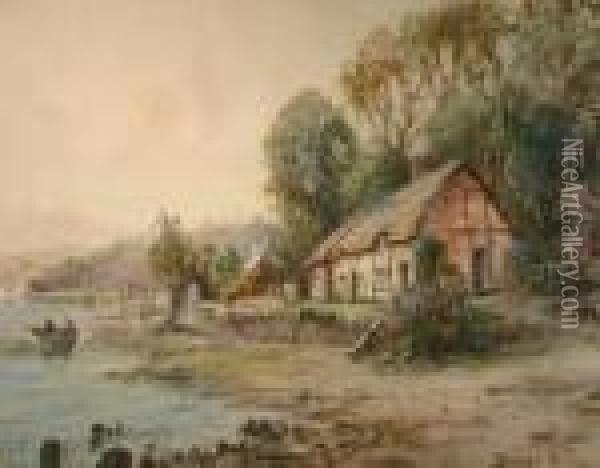 River Scene With Thatched Cottage And Fisherman In A Boat Oil Painting - Joseph Hughes Clayton