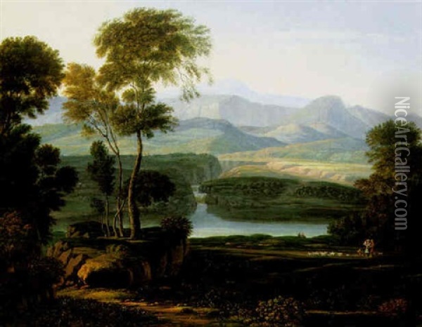 An Italianate Landscape With A Shepherd Family Driving Their Flock Beside A Lake Oil Painting - Karl Gotthard Grass